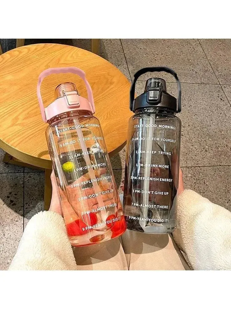 2 Liters Straw Plastic Water Bottle Large Portable Travel Bottle Sports Fitness Cup High Value Big Fat Cup Adult Universal