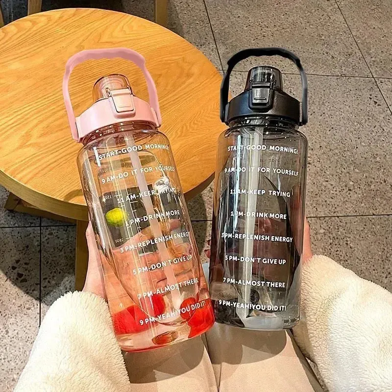 2 Liters Straw Plastic Water Bottle Large Portable Travel Bottle Sports Fitness Cup High Value Big Fat Cup Adult Universal