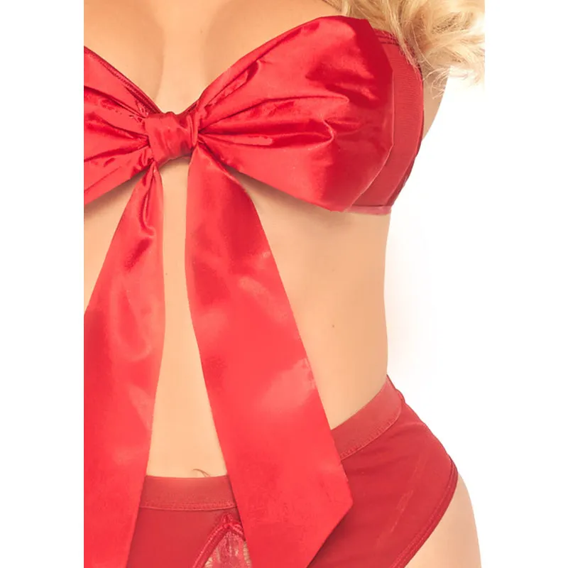 2 Pc Satin Ribbon Gift Bandeau With Hook-N-Eye Back and Matching G-String - Red - Small