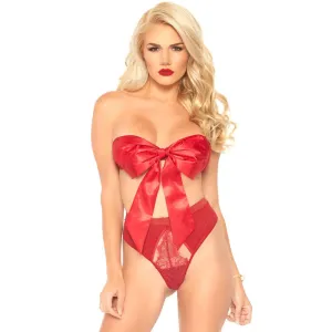 2 Pc Satin Ribbon Gift Bandeau With Hook-N-Eye Back and Matching G-String - Red - Small