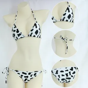 2 Piece Cute Print Tie Side Bikini Sets Japanese Cosplay Underwear Halter Bras and Side Tie Panty