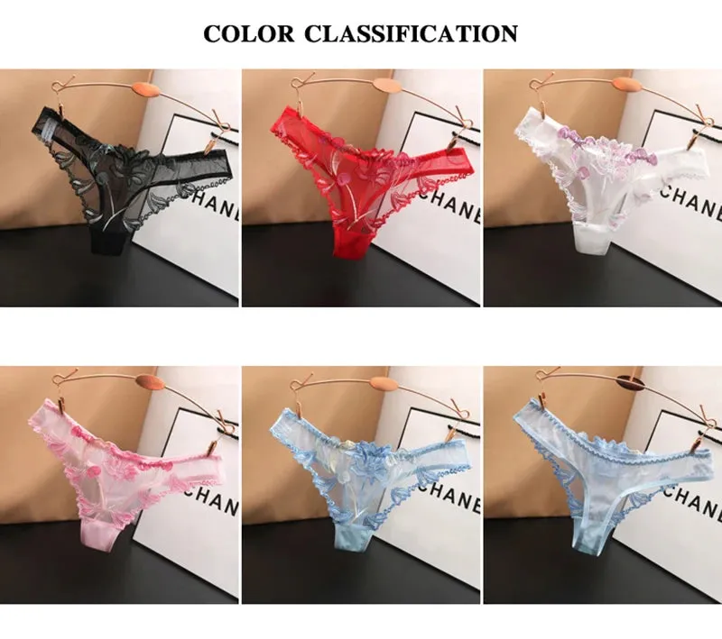 Feminine Floral Embroidery Underwear Ultra-thin Transparent Comfortable Thong Sexy Lace Underwear Low Waist Sexy Thong