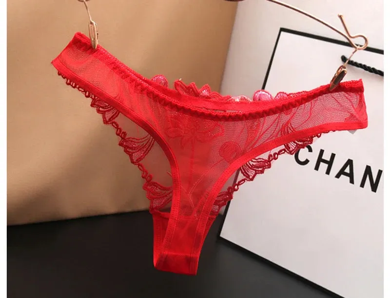 Feminine Floral Embroidery Underwear Ultra-thin Transparent Comfortable Thong Sexy Lace Underwear Low Waist Sexy Thong