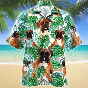 Funny Boxer Dog Tropical Plant Summer Beach Palm Tree Pattern Hawaiian Shirt