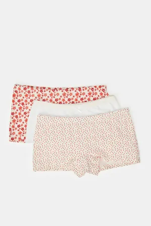 Girls Red And White Printed Boxer Brief Set (Pack Of 3)