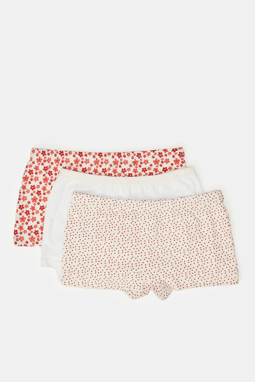 Girls Red And White Printed Boxer Brief Set (Pack Of 3)