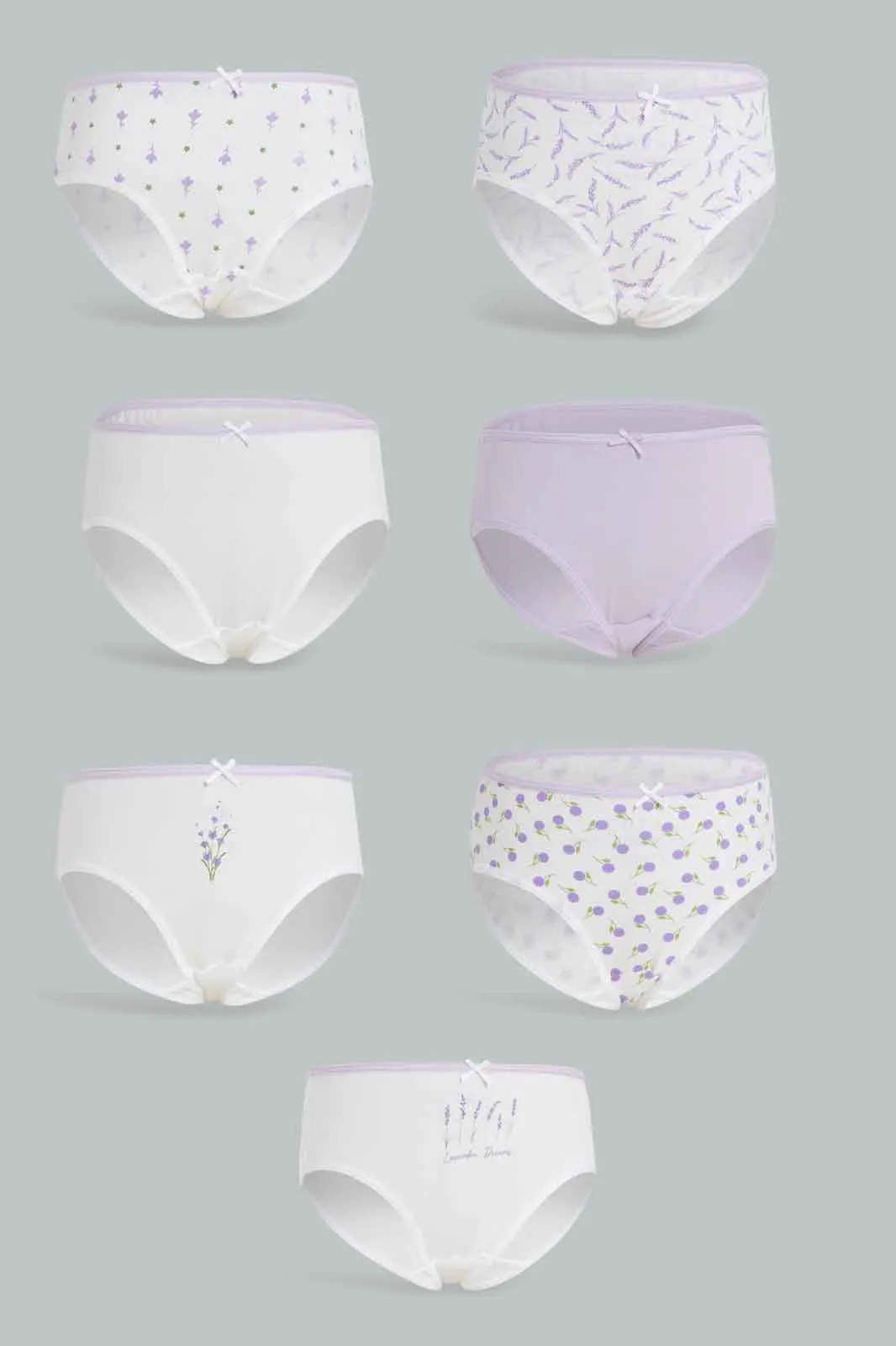 Girls White And Lilac Printed Boxer Brief Set (Pack Of 7)