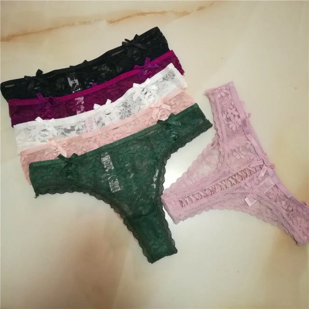 Lace Thong Women's Solid Color Low Waist Cotton Crotch Ribbon Hollow Thong T Pants