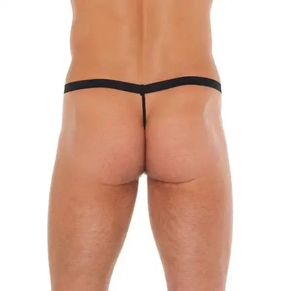 Mens Black one Size G-string with Leopard Print Pouch