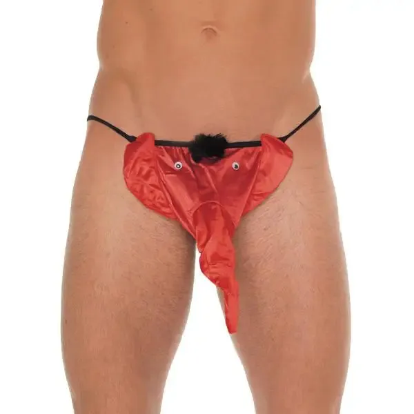 Mens Black Sexy G-string with Red Elephant Animal Pouch