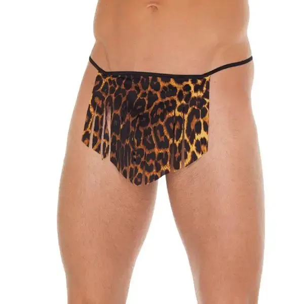 Rimba Mens Black G-string with Leopard Loincloth