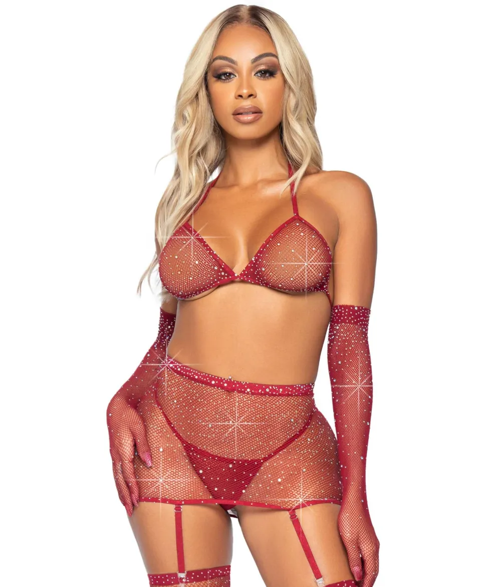 Risk Taker Rhinestone Bra Set - O/S (Burgundy)